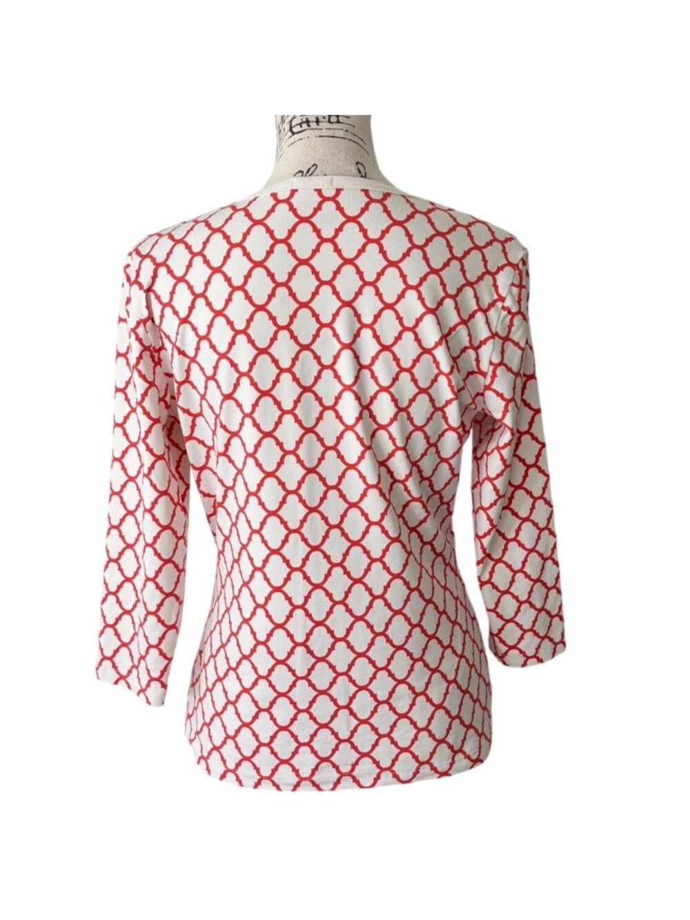 J. McLaughlin Womens Size M Top White Red Geometric 3/4-Sleeve Catalina Henley - Picture 3 of 8
